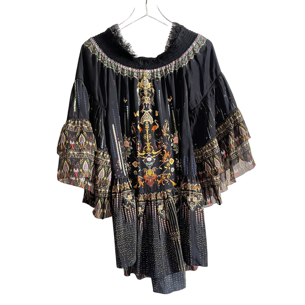 Camilla Rebelle Off Shoulder Beaded 100% Silk Dress Bell Sleeves Flowy XS Black - Picture 2 of 11
